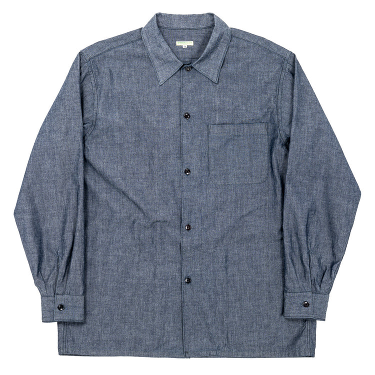 WORKERS  Open Collar Shirt, Indigo Chambray