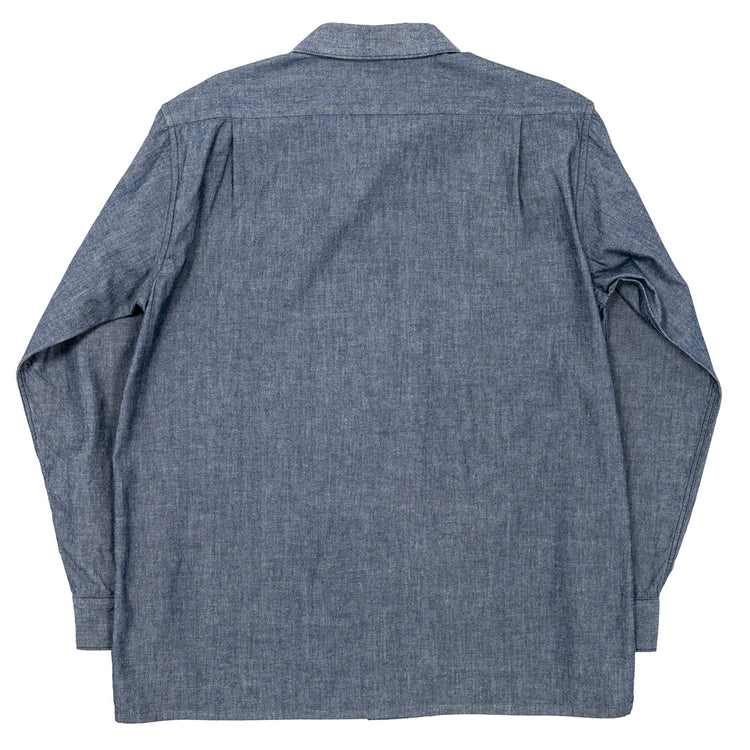 WORKERS  Open Collar Shirt, Indigo Chambray