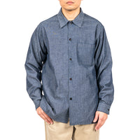 WORKERS  Open Collar Shirt, Indigo Chambray
