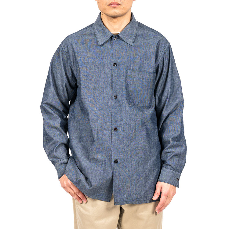 WORKERS  Open Collar Shirt, Indigo Chambray