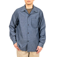 WORKERS  Open Collar Shirt, Indigo Chambray