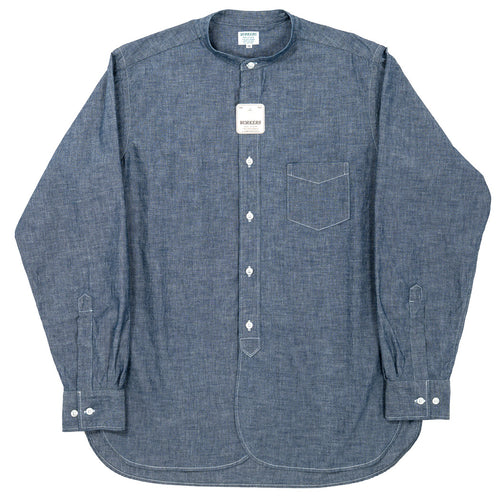 WORKERS  Band Collar Shirt, Indigo Chambray