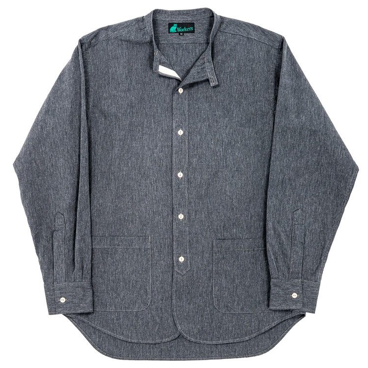 WORKERS Band Collar Shirt, Black Chambray