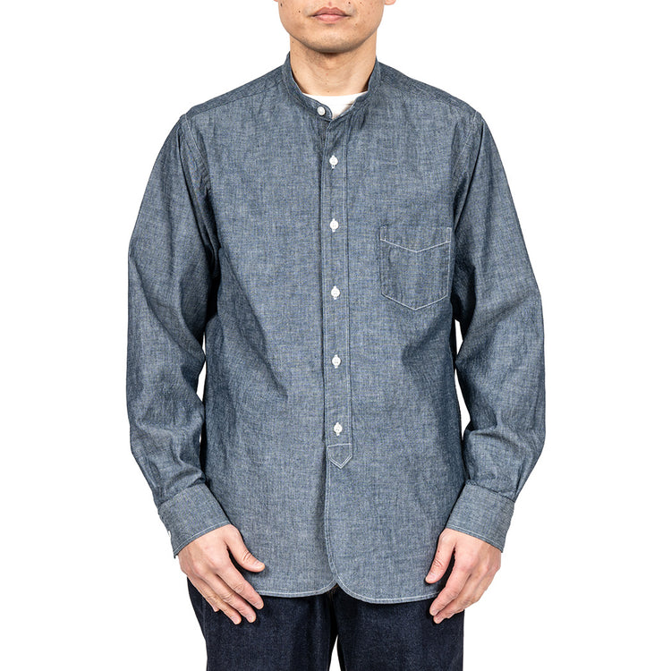 WORKERS  Band Collar Shirt, Indigo Chambray