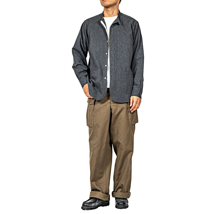 WORKERS Band Collar Shirt, Black Chambray