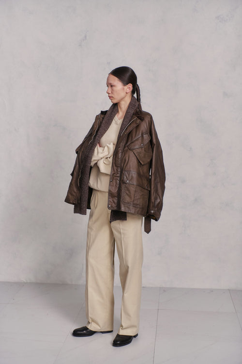 OLD JOE BRAND   V-NECK SILK NEP RIBED TOPS FOG