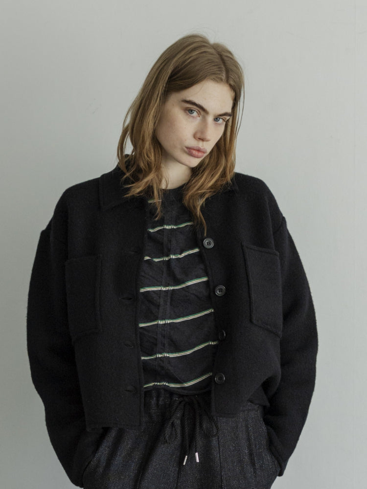 MEYAME TUCKED JACQUARD BORDER CARDIGAN PULLOVER MEY-2500 BLACK