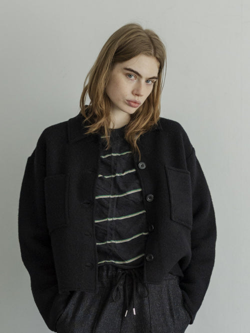 MEYAME TUCKED JACQUARD BORDER CARDIGAN PULLOVER MEY-2500 BLACK
