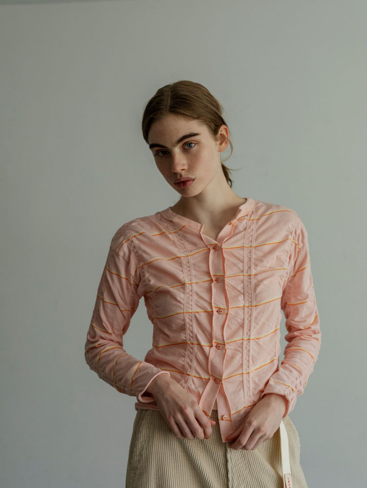 MEYAME TUCKED JACQUARD BORDER CARDIGAN PULLOVER MEY-2500 PINK