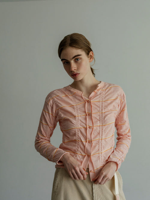 MEYAME TUCKED JACQUARD BORDER CARDIGAN PULLOVER MEY-2500 PINK